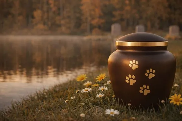 Tierurne mit Pfotenabdrücken in der Natur am See