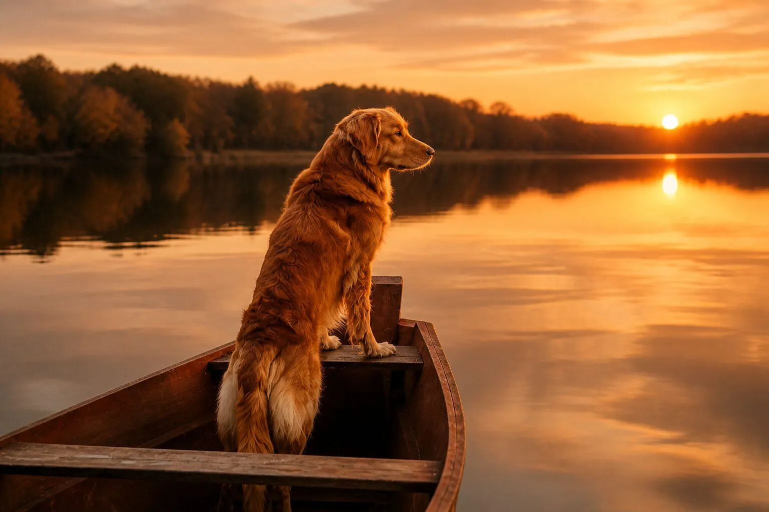 Hund im Boot auf dem See bei Golden Hour
