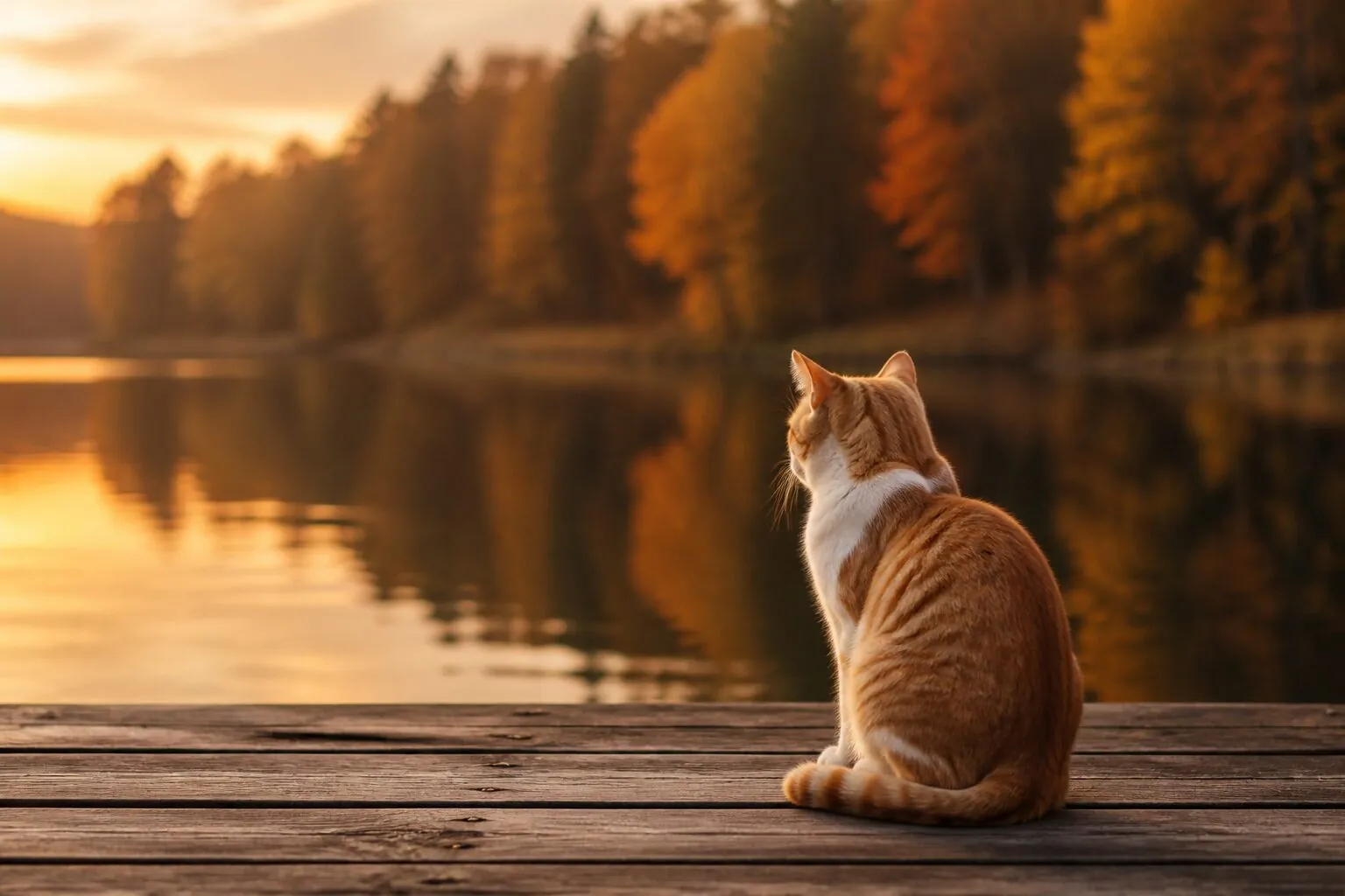 Katze auf dem Steg am See im warmen Abendlicht