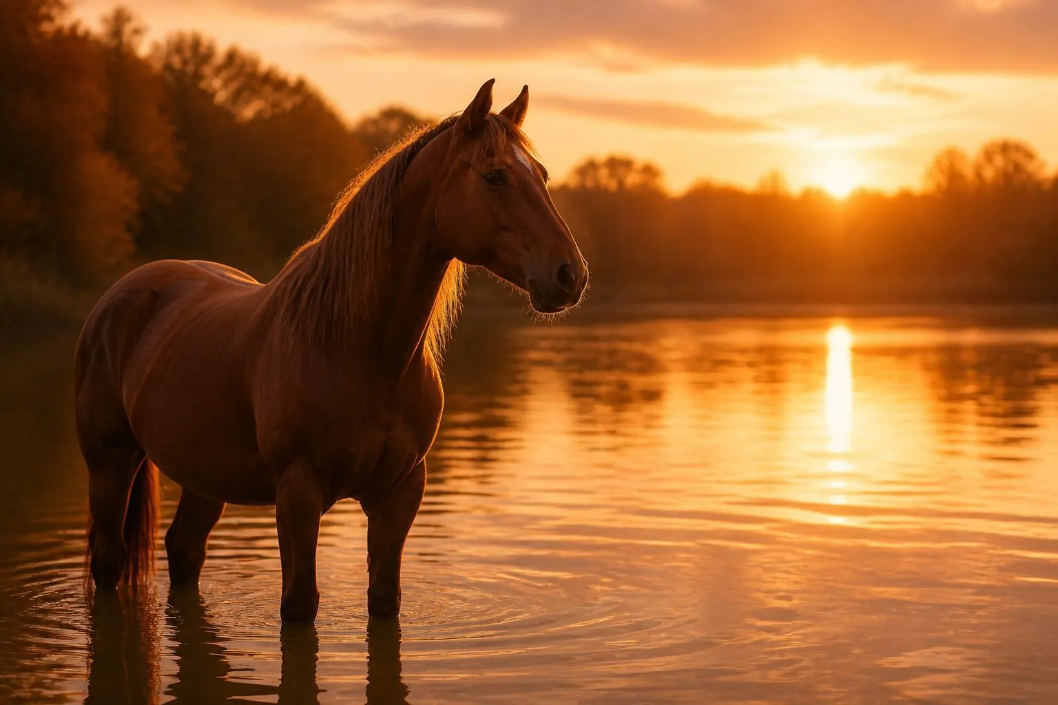 Pferd am See bei Sonnenuntergang – Pferdebestattung auf Anfrage